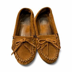 Minnetonka Brown Suede Moccasin Flats Fringe Bow Slip-On Comfort US 8.5